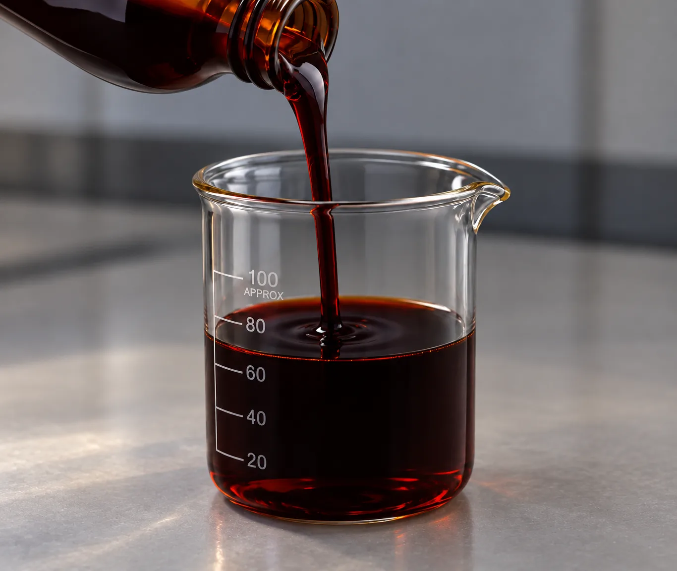 Natural astaxanthin oleoresin being poured into a laboratory beaker